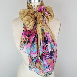 Vintage Sheer Silk Scarf Wrap Pink Purple & Multicolor Rolled Stitched Hem 54"